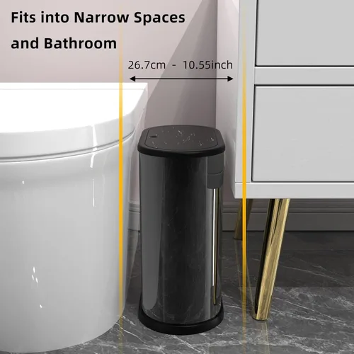 Miniatura 2 de KSSKSS Cubo de basura pequeño de acero inoxidable de 1.8 galones con tapa tipo prensa, cubo de basura delgado para baño, cubo de revestimiento Negro
