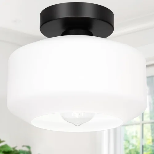 Miniatura 16 de Lámpara de techo industrial semiempotrada, bombilla LED de 800 lúmenes incluida, pantalla de vidrio texturizado, lámpara estilo granja para pasillo