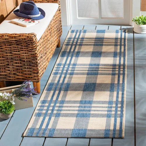 Miniatura 69 de SAFAVIEH Alfombra Lavable para Exteriores Colección Courtyard - 2'3" x 4', Beige y Azul, Patrón a Cuadros, No Desprende Pelusa y Fácil Limpieza