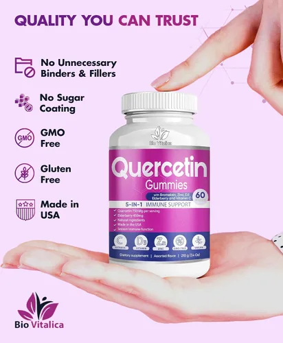 Miniatura 4 de BioVitalica - Gomitas de quercetina con bromelina, vitamina C y zinc y saúco + vitamina D3-5 en 1 apoyo inmunológico - Quercetina de zinc 750 mg