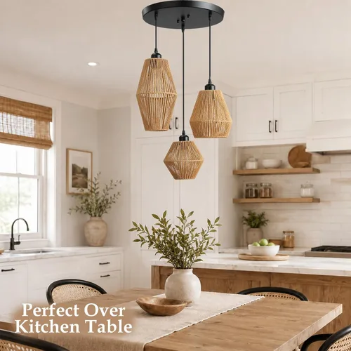 Miniatura 6 de Lámpara colgante de ratán de 3 luces, candelabro bohemio tejido a mano, lámpara colgante de mimbre, lámpara de cocina y comedor sobre mesa, luz