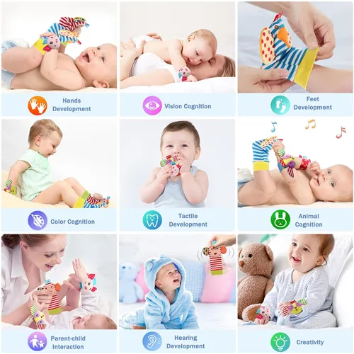 Miniatura 8 de Bloobloomax Juego de calcetines suaves para bebé, sonajero y muñequera, sonajero para bebés, juguetes de peluche de algodón y felpa, regalo