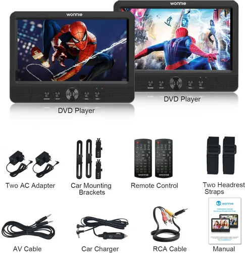 Miniatura 9 de WONNIE 10.5" Reproductores de DVD para coche portátiles de doble pantalla para reposacabezas, reproduce una misma película o dos diferentes