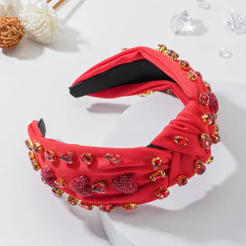 Miniatura 3 de Diadema roja adornada de corazón para el día de San Valentín, diadema anudada con dije de corazón de cristal brillante, antideslizante, nudo