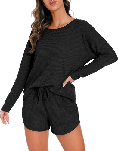 Miniatura 2 de PrinStory Conjunto de pijama para mujer, conjunto de 2 piezas de punto gofre, conjunto de ropa de descanso con bolsillos