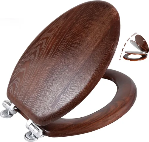 Angel Shield - Asiento para inodoro alargado de madera con cierre silencioso, fácil de limpiar y bisagras de liberación rápida (alargado, nogal