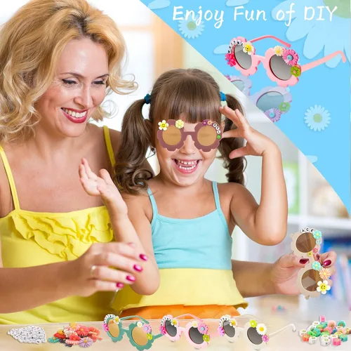 Miniatura 5 de Gafas de sol redondas de flores para niños, lindo juego de lentes de sol de flores, cuentas de letras, margaritas, carita sonriente, flor y signo