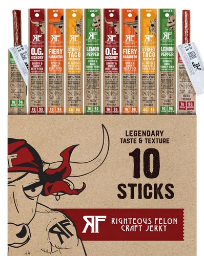 Righteous Felon Paquete variado de palitos de carne seca | Alto en proteínas, bajo en carbohidratos, keto, sin gluten, bajo en azúcar, saludable |
