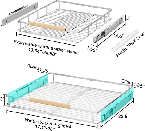 Miniatura 2 de Paquete de 2 organizadores extraíbles expandibles, cajones deslizantes para armarios de cocina, guías de cajones resistentes para el hogar, cocina