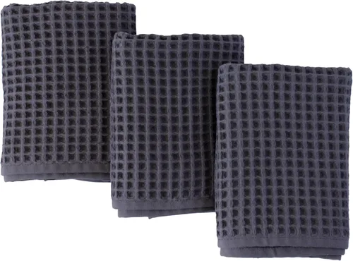 PÜSKÜL Toalla de Cocina de Gofre Orgánico 100% Algodón Turco Juego de 3 Gris Oscuro - Toallas de Mano de 32x16 Pulgadas de Calidad Premium, Suave,