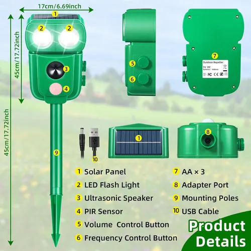 Miniatura 7 de Paquete de 4 repelentes solares ultrasónicos de animales con sonido y luz, ardilla repelente de gatos al aire libre para mapache, coyote, zorro