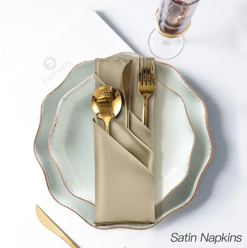 Miniatura 5 de P Pothuiny 12 servilletas de satén de color beige sedoso de 17 x 17 pulgadas, servilletas cuadradas lisas de tela de satén, servilletas de mesa