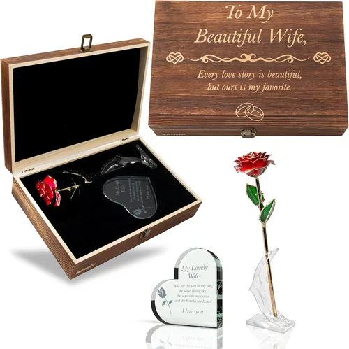 GreenCor Juego de regalo de madera grabado para aniversario para esposa, con texto en inglés "To My Beautiful Wife", incluye corazón grabado en