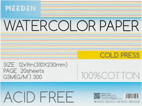 Bloc de papel para acuarela MEEDEN, papel de acuarela 100% algodón de 20 hojas, 140 lb/300 g, papel de arte sin ácidos para acuarela, gouache, tinta