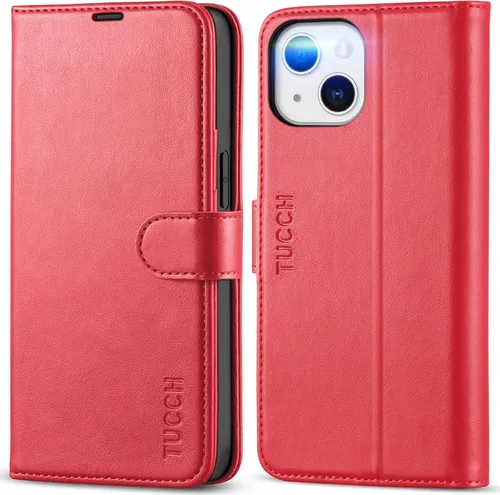 TUCCH Funda tipo cartera para iPhone 13 de 6.1 pulgadas 5G, [Bloqueo RFID] Soporte con ranuras para tarjetas [Funda interior de TPU a prueba de Rojo