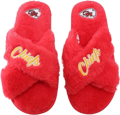 Miniatura 17 de FOCO Pantuflas deslizantes cruzadas mullidas con logotipo de texto del equipo NFL para mujeres