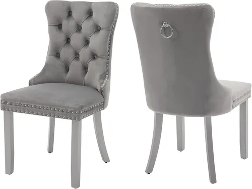 Miniatura 84 de Juego de 2 sillas de comedor de terciopelo, silla de comedor tapizada de alta gama con tirador de anillo en la espalda, adorno de clavos y patas
