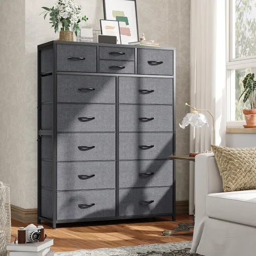 Miniatura 8 de EnHomee Cómodas altas para dormitorio con cajón, cómodas para dormitorio, cómodas de tela y cómodas para sala de estar, parte superior de madera