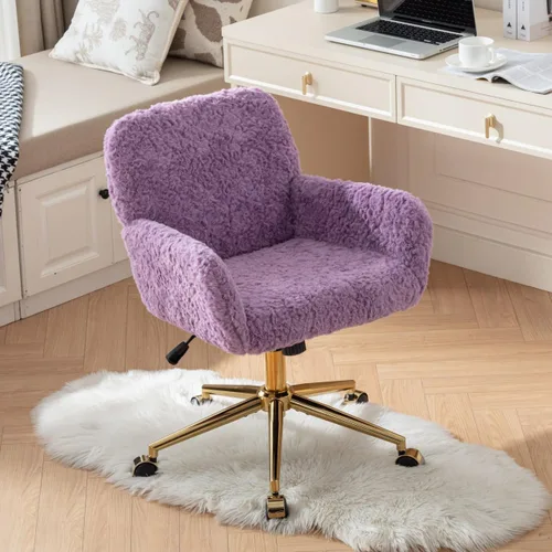 Miniatura 11 de Silla de escritorio giratoria peluda, silla de oficina tapizada de tela de peluche blanca, silla de tocador con ruedas ajustable en altura