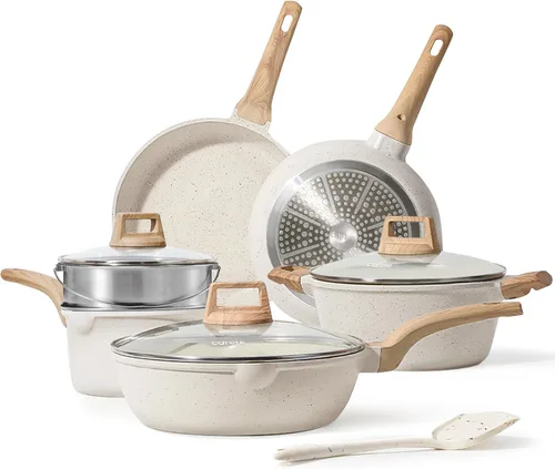 CAROTE Juego de ollas y sartenes antiadherentes, juego de utensilios de cocina de inducción de granito blanco, 10 piezas antiadherentes con sartenes
