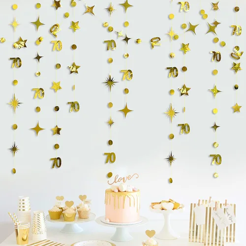 Miniatura 3 de Decoraciones doradas de cumpleaños número 70, guirnalda de estrellas centelleantes con el número 70, guirnalda metálica para colgar en banderines
