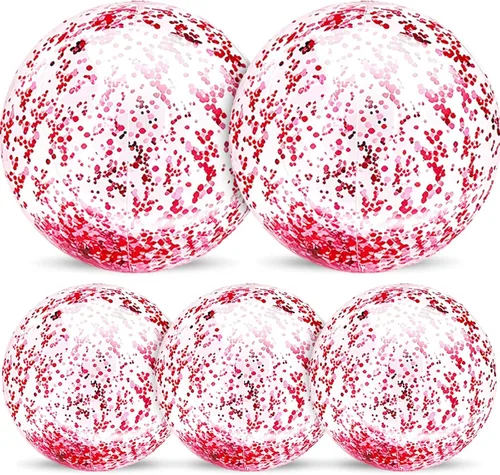 Paquete de 5 bolas de playa de lentejuelas de 16 pulgadas y 24 pulgadas, inflables, confeti con purpurina, pelota de playa transparente, juguete Rosa