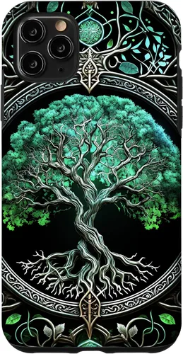 Funda para iPhone 11 Pro Max Tree Of Life Yoga espiritual celta vikinga, verde y negro