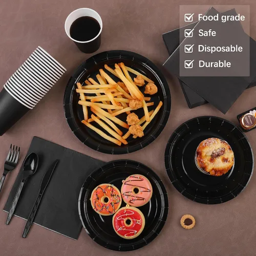 Miniatura 4 de Durony 350 piezas juego de vajilla de papel negro para cenas, platos desechables de 7 y 9 pulgadas, sirve para 50 invitados, juego de vajilla