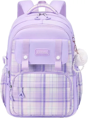 Miniatura 8 de Linda mochila universitaria para laptop para mujer, bolsa de computadora estética de gran capacidad, mochila kawaii rosa con colgante (beige)
