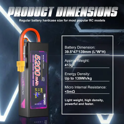 Miniatura 3 de Batería Lipo de 11.1V 3S 5200mAh 80C Lipos Estuche rígido con conector XT60 para coches RC camiones 1/8 1/10 vehículos RC (2 paquetes)