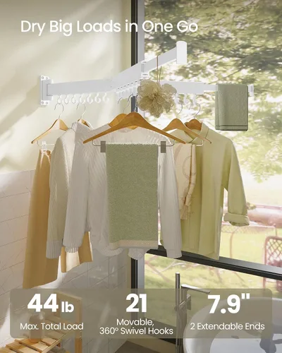 Miniatura 5 de SONGMICS Tendedero para Secar Ropa, Tendedero de Lavandería Montado en la Pared, Extensible, Brazos Plegables, con 21 Ganchos Deslizantes Blanco Nube