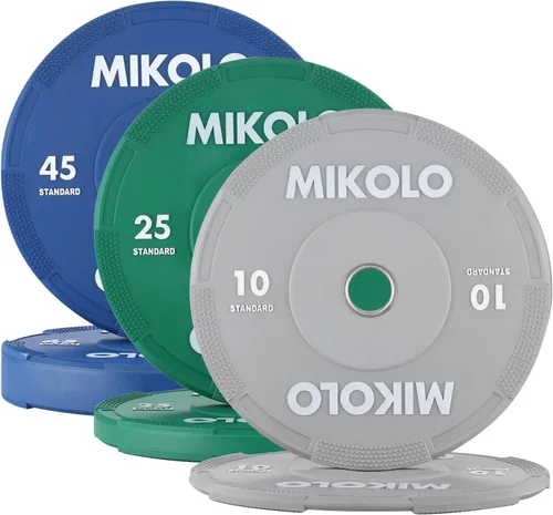 Miniatura 11 de Mikolo Juego de placas olímpicas para parachoques, 100% de goma de baja densidad y rebote con inserciones de acero, placas de barra silenciosas