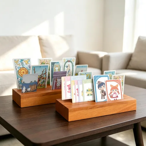 Miniatura 7 de Juego de soportes para mazos de cartas de 2 unidades para niños, soportes de madera para cartas para organizar en mesa de juego para adultos, Naranja