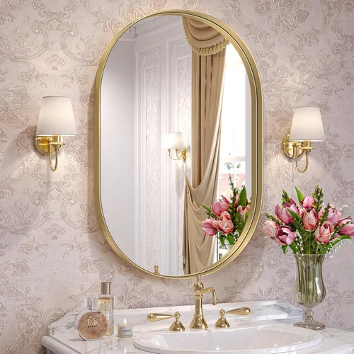 Brightify - Espejo ovalado dorado para tocador de baño de 20x30 pulgadas, espejos de marco de metal dorado para pared, espejo moderno para