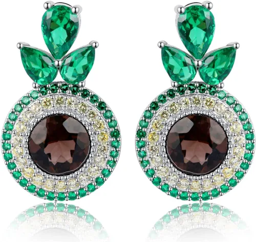 JewelryPalace Avocadoct - Aretes tipo dormilona con halo de esmeralda simulada de cuarzo ahumado genuino de corte redondo para mujer, plata de ley
