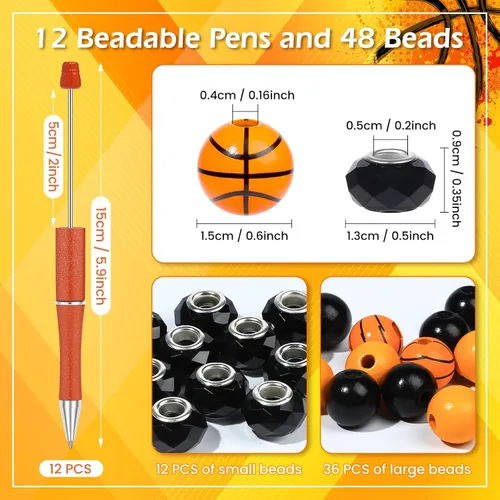 Miniatura 3 de NEWEST 12 juegos de bolígrafos de baloncesto a granel, kit de bolígrafos con cuentas de bricolaje con 48 cuentas, regalos de equipo, recuerdos