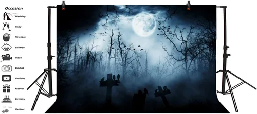 Miniatura 3 de Leyiyi Telón de fondo gótico de Halloween de 5 x 3 pies, grunge, cementerio, tumba, piedra cruz, cuervos, bosque brumoso, luna llena, murciélagos