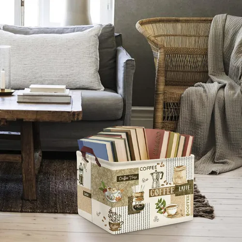 Miniatura 2 de Clastyle Cesta de almacenamiento grande con temática de café, taza de granos de café, aperitivos, cocina, cesta rectangular marrón para ropa, libro
