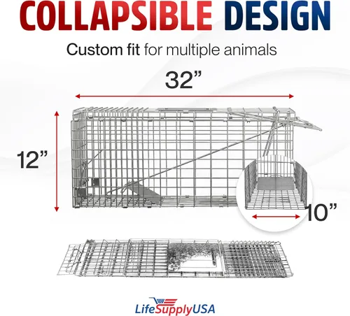 Miniatura 7 de Trampa para animales de 32" plegable de LifeSupplyUSA, jaula resistente para atrapar y liberar animales. Ideal para mapaches, zarigüeyas, gatos