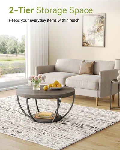Miniatura 4 de LITTLE TREE Mesa de Centro Redonda, Mesa de Centro Circular de 32" para Sala de Estar, Mesa Central de Acento de Madera de 2 Niveles con Gris y negro