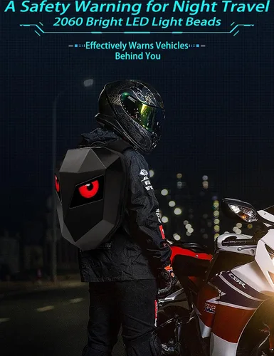 Miniatura 6 de Mochila de motocicleta LED personalizable, mochila LED rígida impermeable para hombres, mochilas con casco de caballero genial con ojos de diablo (B)