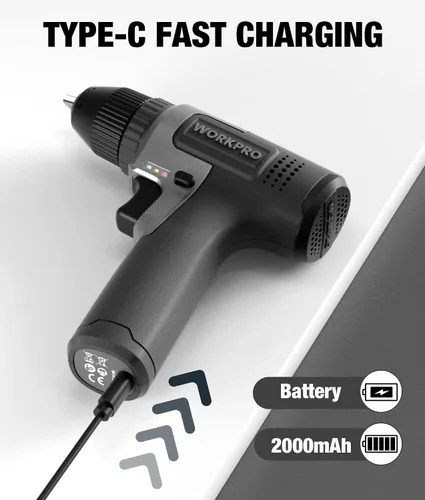 Miniatura 8 de WORKPRO Juego de taladro inalámbrico de 8 V, taladro eléctrico de 2 Ah con portabrocas sin llave de 3/8 pulgadas, 15 puntas, carga tipo C, LED