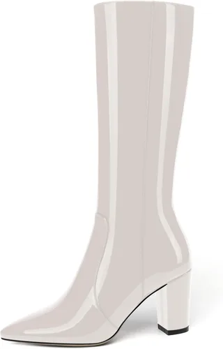 Miniatura 191 de AMBELIGHT Botas altas hasta la rodilla con cremallera y puntera puntiaguda para mujer, de patente sólida, tacón alto, 3.3 pulgadas