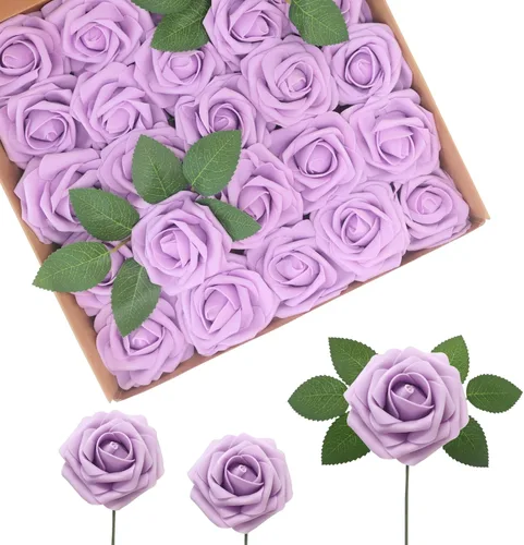 Miniatura 13 de Flores Artificiales Rosas Realistas, 50 piezas de rosas falsas con tallo de aspecto real para ramos de boda DIY, centros de mesa, despedida