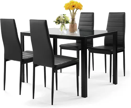 Miniatura 13 de Juego de mesa de comedor de 5 piezas, moderno juego de mesa de comedor negro para 4, mesa de comedor de cocina de vidrio templado con 4 sillas