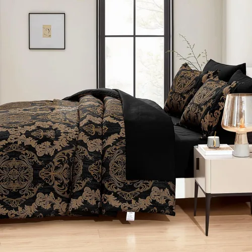 Miniatura 3 de WONGS BEDDING - Juego de edredón negro tamaño full, textura damasco dorado, juego de 7 piezas en una bolsa, de microfibra - 1 edredón, 1 sábana