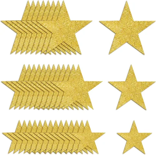 Miniatura 9 de 120 recortes dorados con purpurina de cinco estrellas, recortes de estrellas de papel para tablón de anuncios, estrellas, aula, pared, fiesta