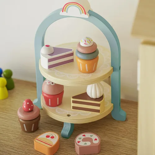 Miniatura 4 de Juego de comida de postre de madera, juego de comida para niños, juego de fiesta de té para niñas pequeñas, juegos de accesorios de cocina de madera