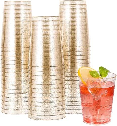 JOLLY CHEF Paquete de 50 vasos de plástico dorados de 10 onzas, vasos de plástico desechables con purpurina dorada perfectos para bodas, Acción de