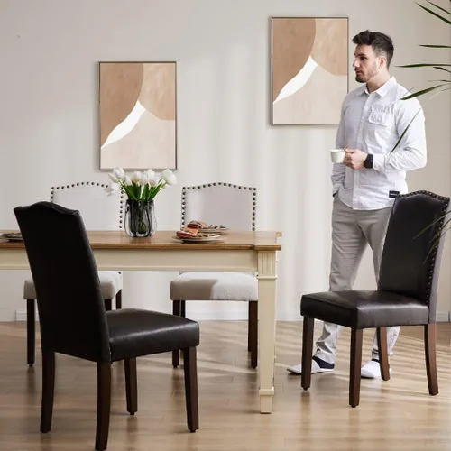 Miniatura 7 de Juego de 2 sillas de cocina modernas tapizadas de tela con ribete de cabeza de clavo y soporte lumbar ergonómico para sala de estar y comedor Marrón